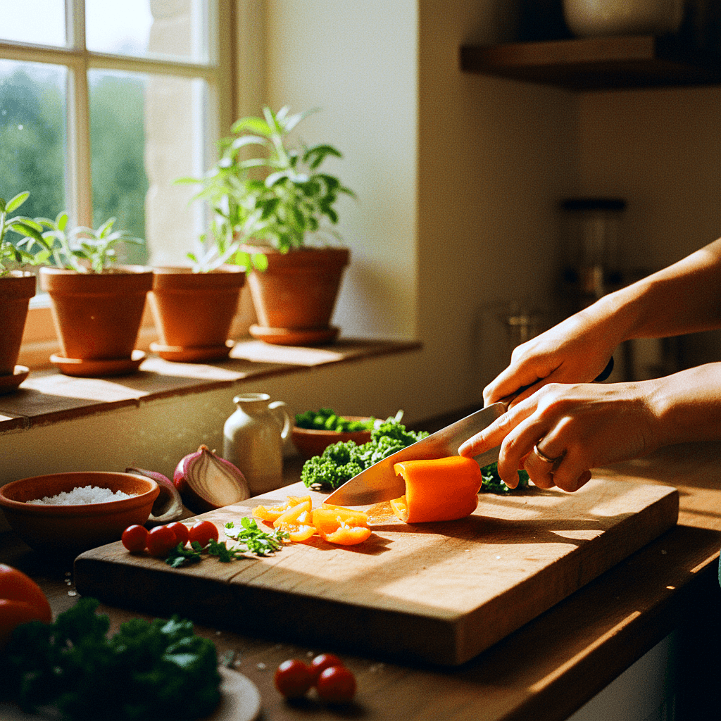 Hands preparing vegetables in a sunlit kitchen