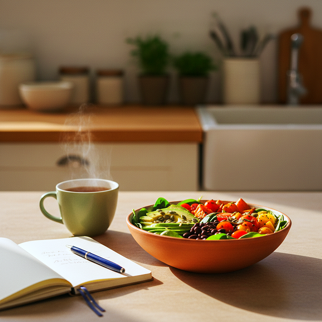 A warm, sunlit consultation where a registered dietitian sits across a small table from a client, taking notes beside a bowl of fresh vegetables
