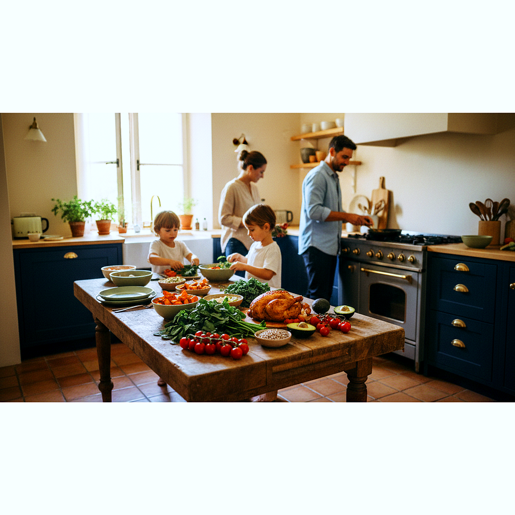 A warm, sunlit kitchen counter with a quick family meal in progress: a sheet pan of roasted chicken and vegetables, a bowl of cooked grains, Greek yogurt, and cut fruit on a wooden board