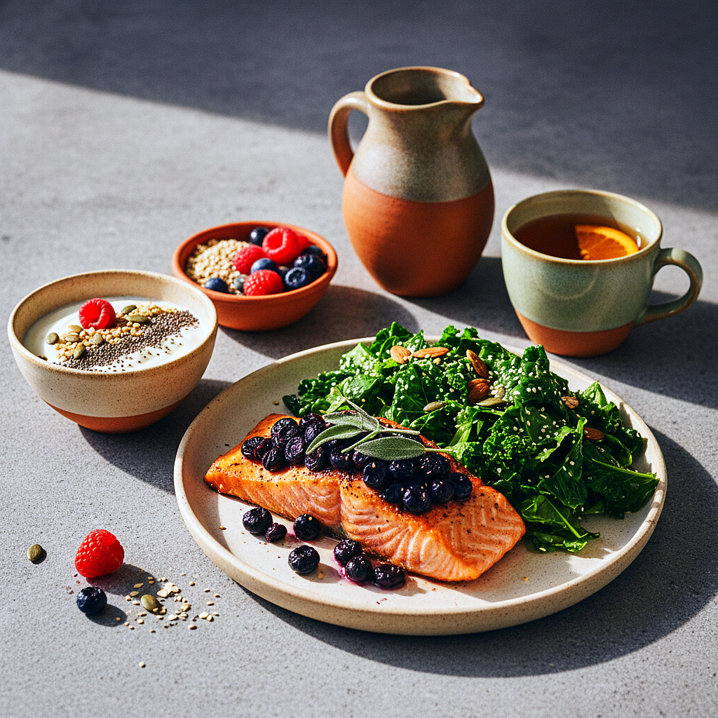 A bright, welcoming table set for a midlife-friendly meal with grilled salmon, a lentil and roasted vegetable salad, Greek yogurt with berries, and whole grains on simple ceramic plates