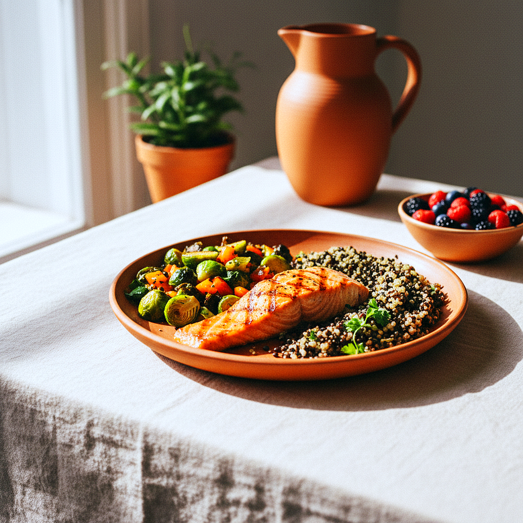 A warm editorial overhead photo of a balanced plate with grilled salmon, roasted chickpeas and greens, quinoa, and avocado on a linen table