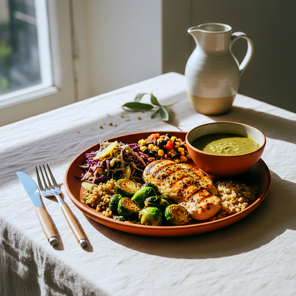 A warm overhead photo of a balanced plate with grilled salmon, roasted vegetables, lentils, and leafy greens on a wooden table