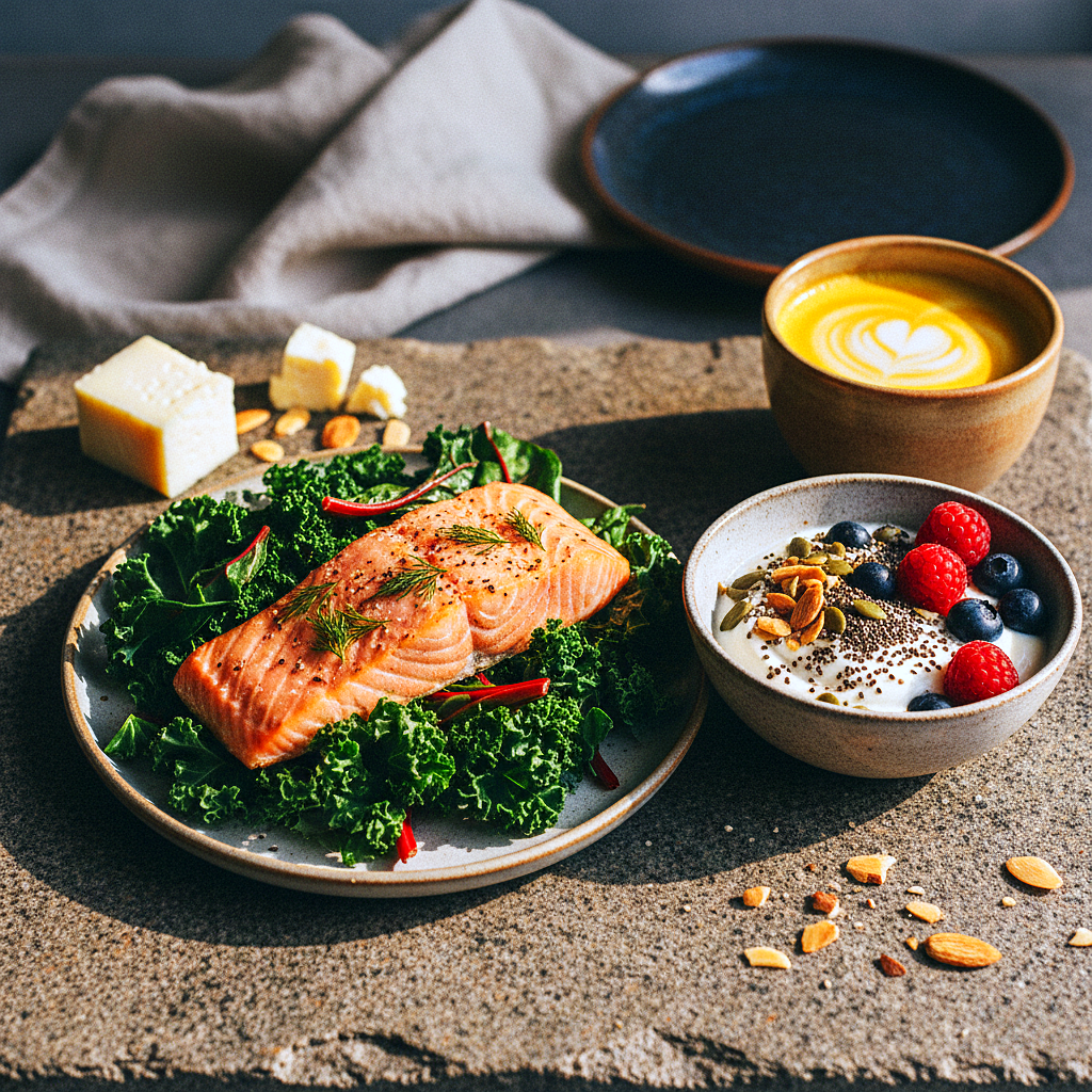A warm, sunlit kitchen counter with salmon, lentils, leafy greens, yogurt, berries, and almonds arranged as an inviting whole-foods spread