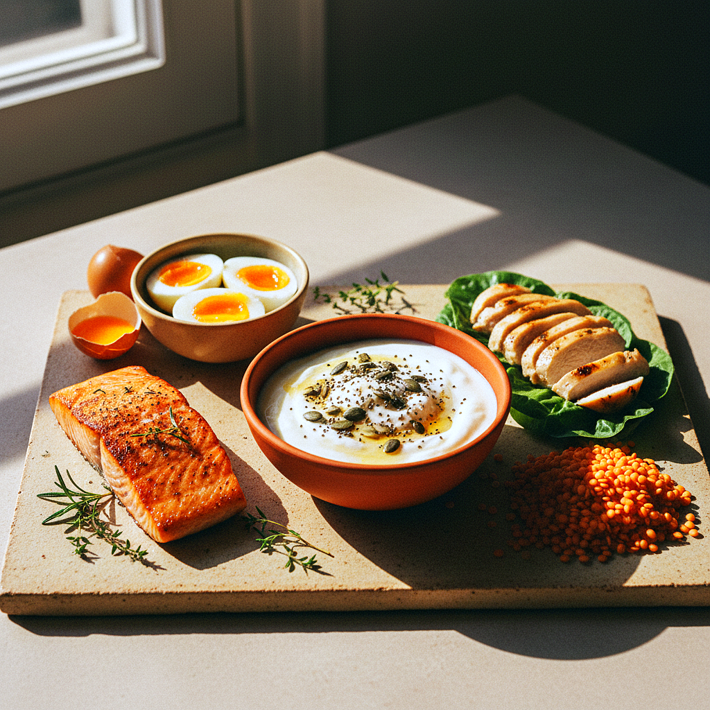 A warm, sunlit table set with grilled salmon, Greek yogurt, eggs, beans, and edamame, styled as an inviting protein-rich spread