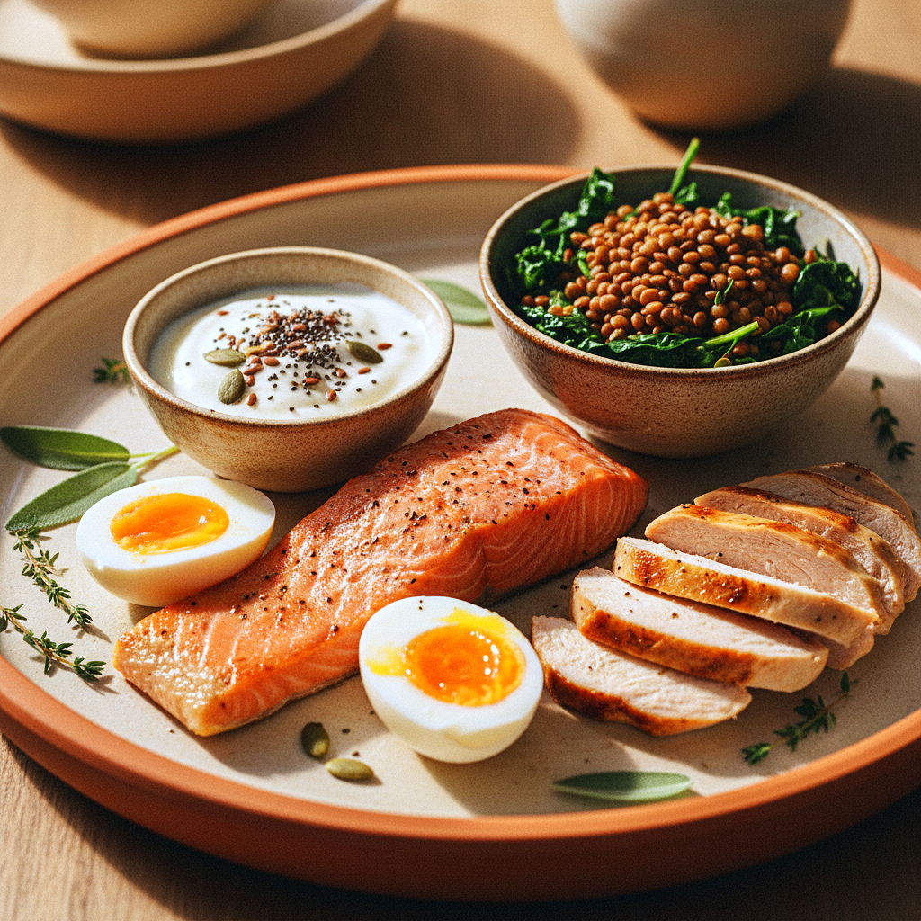A warm, sunlit kitchen counter with grilled salmon, Greek yogurt with berries, eggs, lentils, and edamame arranged on a wooden board