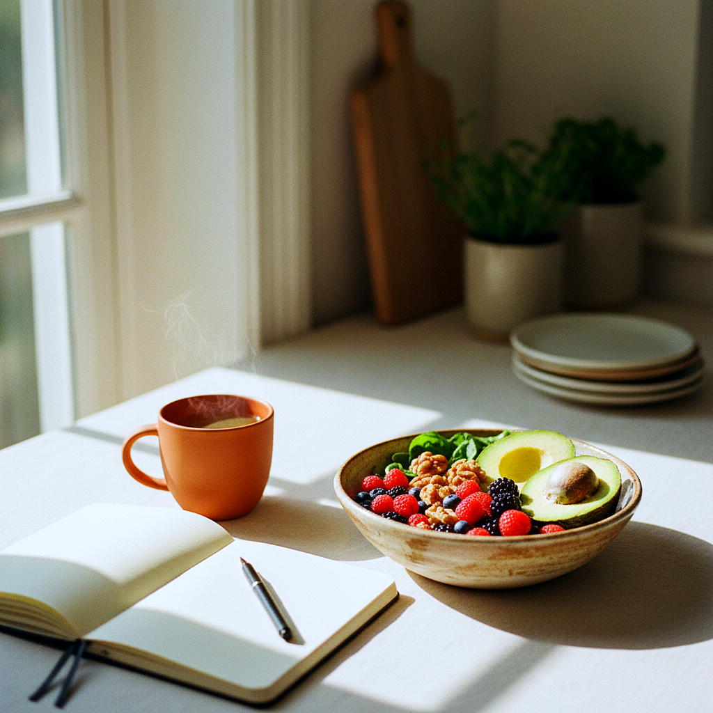A warm editorial photo of a registered dietitian and a client talking across a sunlit table over notes and a cup of tea, relaxed and unhurried